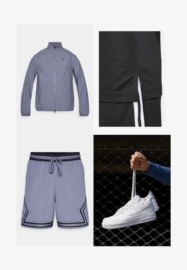 Šviesiai pilka zip-up striukė su aukštu apykakle, šoninėmis kišenėmis, tinklinėmis detalėmis ir juodu logotipu ant krūtinės. Lygus, sportinis audinys.; Juoda sportinė maikutė su tekstūruotu audiniu, trumpu hemu su šoninėmis įpjovomis ir baltomis akcentinėmis juostelėmis šonuose.; Šviesiai mėlyni sportiniai šortai su tinkliniu tekstūru, elastingu juosmeniu, raišteliu ir juodais akcentais apatinėje dalyje ir šone.; Balti odiniai sportiniai bateliai su perforacijomis, apvalia nosimi, plokščiu padu ir storomis raištelėmis, su matomu swoosh logotipu ir "AIR" ant kulno.