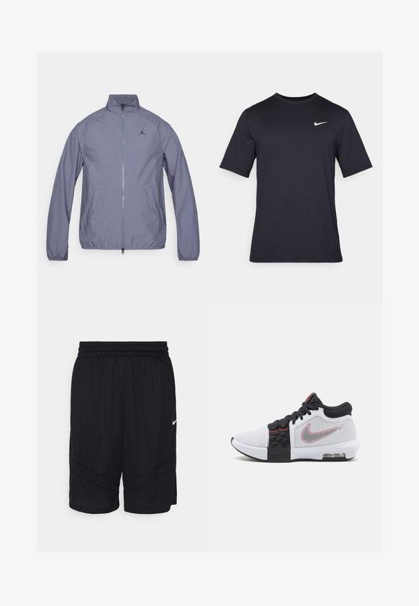 Casaco cinza claro com fecho éclair e colarinho alto, bolsos laterais, detalhes em malha e um logótipo preto no peito. Tecido liso e atlético.; T-shirt Nike preto de manga curta, feito de um tecido suave, com um logo swoosh branco no lado superior esquerdo, gola redonda.; Calções desportivos pretos com textura em malha, cintura elástica e design de riscas anguladas nas laterais. Inclui um pequeno logótipo branco.; Sapatilha atlética Nike com parte superior em malha branca, detalhes pretos, logótipo vermelho e pormenores texturizados. Apresenta atacadores pretos e almofadado visível na sola.