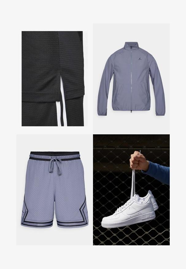 Jasnoszara kurtka zapinana na zamek z wysokim kołnierzem, bocznymi kieszeniami, siateczkowymi akcentami i czarnym logo na piersi. Gładki, sportowy materiał.; Czarna sportowa koszulka z teksturowanej tkaniny, krótkim dołem z bocznymi rozworami oraz białymi akcentami wzdłuż boków.; Jasnoniebieskie spodenki sportowe z siateczkową teksturą, elastyczną talią, sznurkiem do regulacji i czarnymi akcentami wzdłuż dołu i boku.; Białe skórzane sneakersy z perforacjami, okrągłym noskiem, płaską podeszwą i grubymi sznurówkami, z widocznym logo swoosh i napisem „AIR” na pięcie.