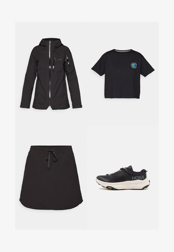 Jachetă impermeabilă neagră cu o siluetă ajustată, fermoar frontal, glugă ajustabilă și mai multe buzunare cu fermoar pentru depozitare.; T-shirt scurt cu mânecă, de culoare neagră, din bumbac, având un logo circular multicolor pe piept. Tiv dreapt și croială lejeră.; Fustă sport neagră cu un tiv elastic, șnur reglabil și o linie de hem curbată. Fabricată dintr-un material ușor și neted.; Pantofi sport negri cu un superior din plasă respirabilă, talpă din cauciuc, mijloc de amortizare albă și șireturi reflective. Logo-ul Vibram pe talpă.
