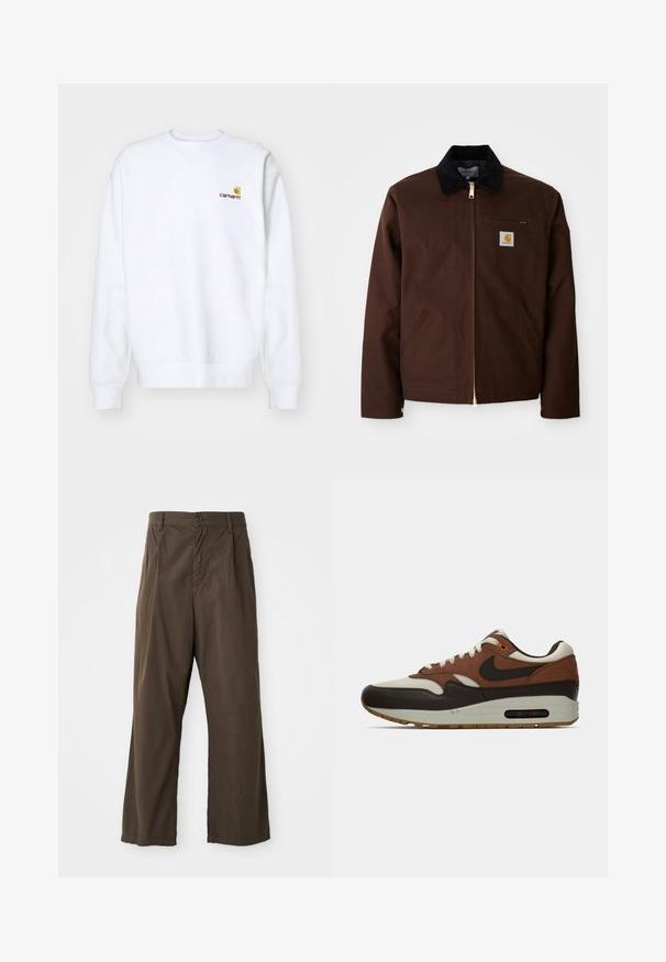 Hnedá plátenná bunda s pozláteným zipsom, kordovým golierom, ľavým prsným vreckom s logom a bočnými vreckami so skrytými zipsami.; Carhartt WIP AMERICAN SCRIPT - Mikina - white; Hnedé, široké nohavice z bavlny s predným zapínaním na gombík, pútkami na opasok a hladkou, matnou textúrou.; Hnedé, krémové a čierne sneakers Nike Air Max s viditeľnou vzduchovou vložkou a viazaním, zobrazené v bočnom profile na bielom pozadí.