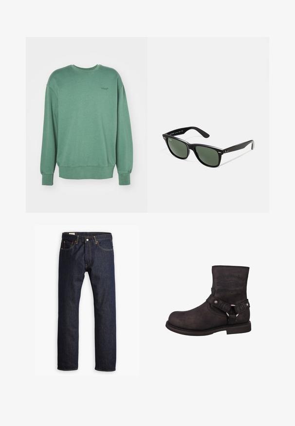 Bruine canvas jas met een gouden rits, corduroy kraag, een borstzak aan de linkerkant met logo patch, en zijzakken met verborgen ritsen.; Groene sweatshirt met lange mouwen, ronde halslijn, ribgebreide manchetten en een klein zwart logo op de borst. Zacht, textuur katoenmateriaal.; Donkerblauwe denim jeans met een rechte pijp, oranje stiksels en stijl met vijf zakken, voorzien van een metalen knoopsluiting.; Zwarte leren motorlaars met een ronde neus, enkelhoogte en zichtbare branding. Voorzien van een riem met een metalen ring en accenten van zilverkleurig hardware.; Zwarte plastic zonnebril met groene lenzen, vierkante montuur, zilveren accent op de wenkbrauw en een gestructureerde tempel. Merken vermeld op de binnenkant van de arm.