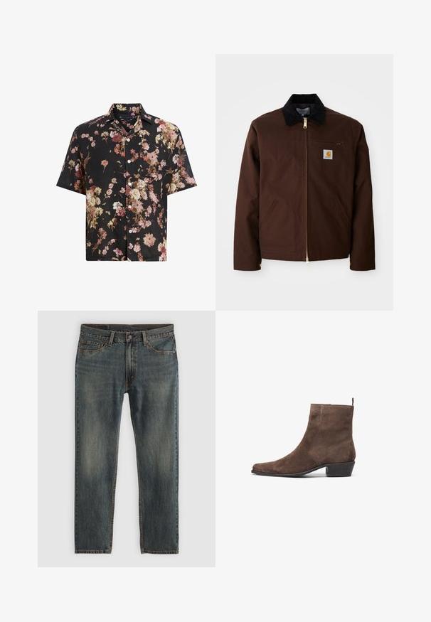 Brun kanvasjacka med en guldfärgad dragkedja, kordflöjtskrage, vänster bröstficka med logotypmärke och sidofickor med dolda dragkedjor.; Kortärmad svart skjorta med ett blommönster i nyanser av rosa, kräm och burgundy. Tillverkad av lätt material med knäppning framtill.; Blå denim jeans med en rak bendesign, som har en klassisk femfickestil, stygnaccent och en något urtvättad finish.; Brun mockask stövel med spetsig tå, låg klack och en dragloop baktill för enkel påtagning. Slät textur och enkel design.