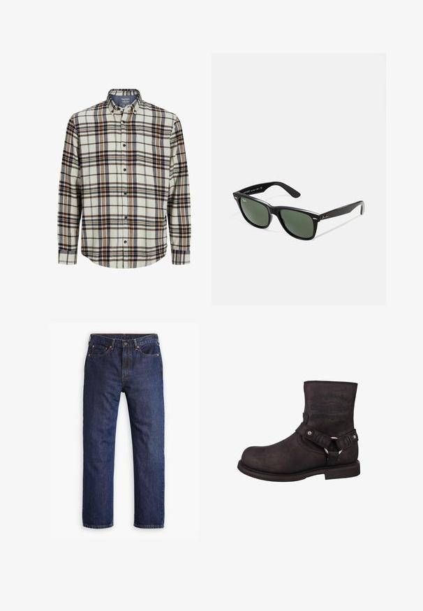 Brun canvasjakke med en gylden lynlås, fløjlskrage, venstre brystlomme med logo-patch og sidelommer med skjulte lynlåse.; Rutet flannel skjorte i cream, blå og brun. Lange ærmer, knaplukning foran, standard krave, med en brystlomme og afrundet kant.; Mørkeblå straight-leg denim jeans med frontknap, lynlås, fem lommer og detaljer i kobbernitter.; Sort læder motorcykelstøvle med en rund tå, ankelhøjde og synlig branding. Har et bælte med en metalring og sølv hardware detaljer.; Sorte plastiksolkaber med grønne linser, firkantede stel, sølvaccent på brynene og teksturerede templede arme. Angivet mærke på den indre arm.