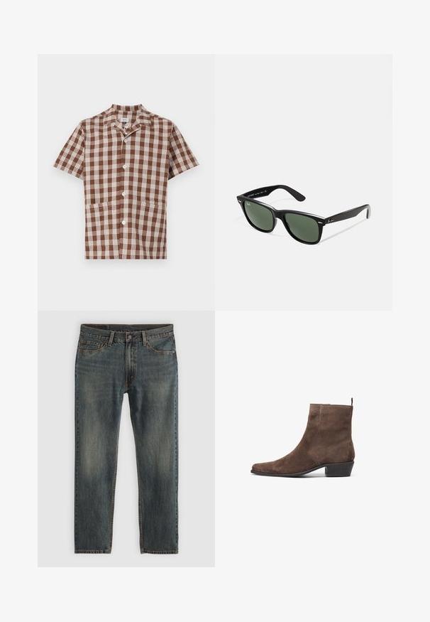 Barna vászon dzseki arany cipzárral, kordbársony gallérral, bal melletti zsebbel márkázott folttal, és rejtett cipzáros oldalzsebekkel.; Barna és bézs kockás, rövid ujjú ing, galléros nyakkal, gombos záródással és két elülső zsebbel. Simára szőtt pamut anyag.; Kék farmernadrág egyenes lábdesignnal, klasszikus öt zsebes stílussal, varrási részletekkel és enyhén kopott felülettel.; Barna velúr bokacsizma hegyes orral, alacsony blokk sarkal és háttal ellátott húzófüllel a könnyű felvétel érdekében. Sima textúrával és egyszerű dizájnnal rendelkezik.; Fekete műanyag napszemüveg zöld lencsékkel, négyzet alakú kerettel, ezüst díszítéssel a keret felső részén, valamint texturált szárakkal. A márka neve a belső száron található.