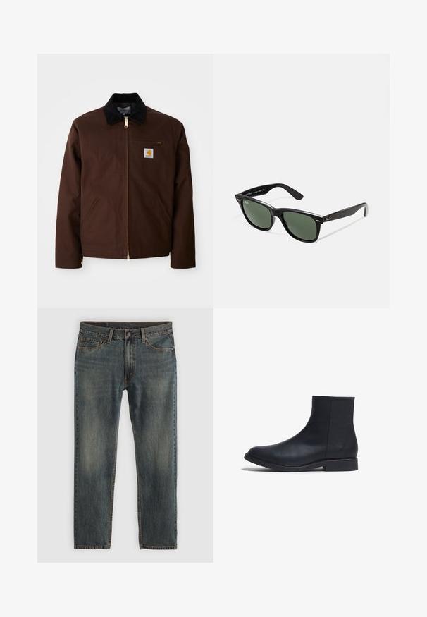 Hnědá plátěná bunda s kovovým zipem, kordurovým límcem, kapsou na levé hrudi se štítkem s logem a bočními kapsami se skrytými zipy.; Šedé tričko s krátkým rukávem vyrobené z jemné, lehké látky. Rovný lem, klasický design s kulatým výstřihem a jemná melírovaná textura.; Modré džíny z denimové látky se střihovým návrhem rovného nohavice, v klasickém pětikošilkovém stylu, s akcenty prošití a mírně vybledlým povrchem.; Černé kožené kotníkové boty s hladkou texturou, zaoblenou špičkou, nízkým blokovým podpatkem a minimalistickým designem. Tisknuté logo na boku.; Černé plastové sluneční brýle se zelenými skly, čtvercové obroučky, stříbrný detail na obočí a texturované stranice. Značka uvedená na vnitřní straně stranic.