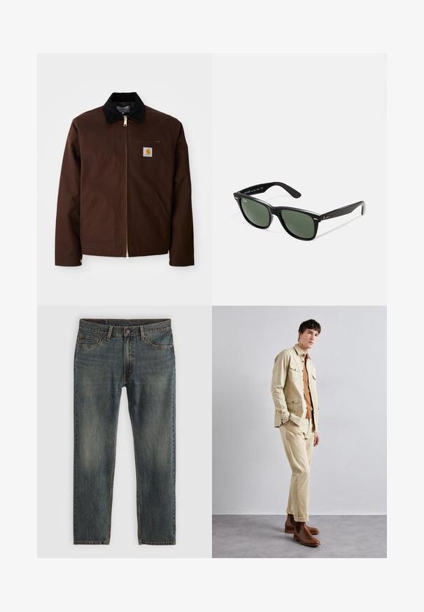 Veste en toile marron avec une fermeture éclair dorée, un col en velours côtelé, une poche sur la poitrine gauche avec un patch logo et des poches latérales avec des fermetures éclair cachées.; T-shirt gris à manches courtes, en tissu léger et doux. Ourlet droit, design classique à col rond, et texture chinée subtile.; Jean en denim bleu avec une coupe droite, présentant un style classique à cinq poches, des accents de couture et une finition légèrement décolorée.; Veste en coton beige avec deux poches poitrine, portée sur une chemise marron et un pantalon beige assorti. Des bottines en cuir marron à la cheville viennent compléter la tenue.; Lunettes de soleil en plastique noir avec verres verts, monture carrée, accent argenté sur le sourcil et branches texturées. Marque indiquée sur l'intérieur de la branche.