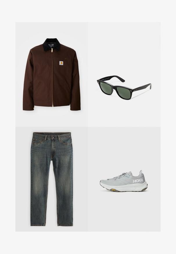 Braune Canvas-Jacke mit goldener Reißverschluss, Cordkragen, linke Brusttasche mit Logo-Patch und seitlichen Taschen mit verdeckten Reißverschlüssen.; Graues kurzärmliges T-Shirt aus einem weichen, leichten Stoff. Gerader Saum, klassisches Rundhalsausschnitt-Design und dezente Melange-Textur.; Blaue Denim-Jeans mit einem geraden Bein-Design, das einen klassischen Fünf-Taschen-Stil, Steppnähte und ein leicht verblasstes Finish aufweist.; Hellgrauer Sportschuh mit einem Obermaterial aus Mesh, verstärkter Zehenkappe und Gummisohle von Vibram. Mit Toggle-Schnürung und HOKA-Logo an der Seite.; Schwarze Plastiksonnenbrille mit grünen Gläsern, quadratischen Rahmen, silbernem Akzent auf der Augenbraue und strukturierten Bügeln. Angegebene Marke auf dem inneren Bügel.