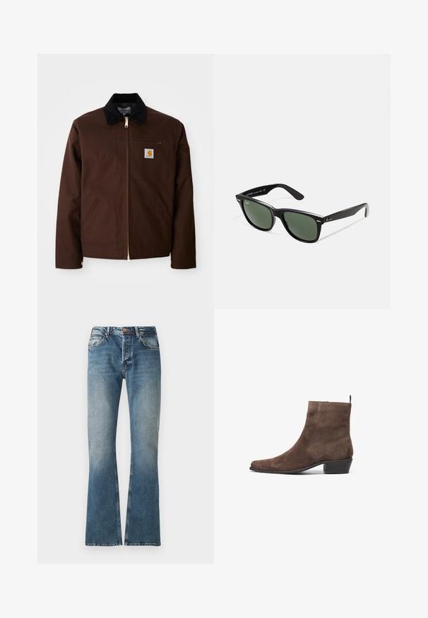 Chaqueta de lona marrón con cremallera dorada, cuello de pana, bolsillo en el pecho izquierdo con parche de logo y bolsillos laterales con cremalleras ocultas.; Camiseta gris de manga corta, hecha de un tejido suave y ligero. Con dobladillo recto, diseño clásico de cuello redondo y una sutil textura jaspeada.; Jeans de mezclilla azul con efecto desgastado, corte recto, cierre de botón y cremallera, y diseño de cinco bolsillos.; Botín de ante marrón con punta afilada, tacón bajo y un bucle en la parte trasera para facilitar el calzado. Textura suave y diseño simple.; Gafas de sol de plástico negro con lentes verdes, montura cuadrada, acento plateado en la ceja y brazos texturizados. Marca indicada en el brazo interno.