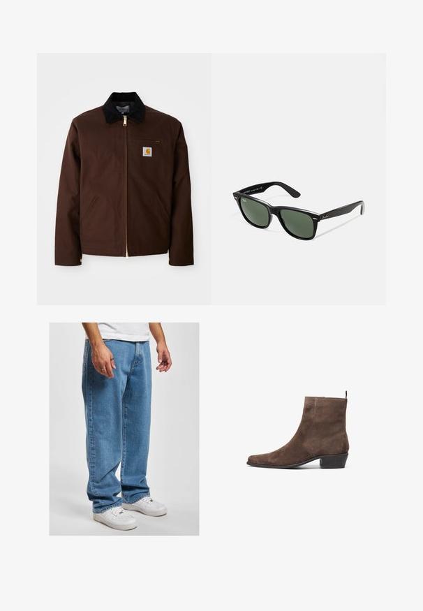 Chaqueta de lona marrón con cremallera dorada, cuello de pana, bolsillo en el pecho izquierdo con parche de logo y bolsillos laterales con cremalleras ocultas.; Camiseta gris de manga corta, hecha de un tejido suave y ligero. Con dobladillo recto, diseño clásico de cuello redondo y una sutil textura jaspeada.; Vaqueros de mezclilla azul claro con un ajuste relajado, presentan un diseño de pierna recta y un sutil efecto de desgastado, combinados con zapatillas blancas.; Botín de ante marrón con punta afilada, tacón bajo y un bucle en la parte trasera para facilitar el calzado. Textura suave y diseño simple.; Gafas de sol de plástico negro con lentes verdes, montura cuadrada, acento plateado en la ceja y brazos texturizados. Marca indicada en el brazo interno.