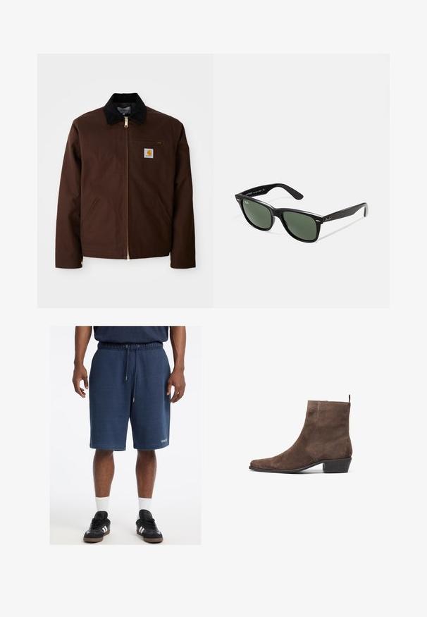 Veste en toile marron avec une fermeture éclair dorée, un col en velours côtelé, une poche sur la poitrine gauche avec un patch logo et des poches latérales avec des fermetures éclair cachées.; T-shirt gris à manches courtes, en tissu léger et doux. Ourlet droit, design classique à col rond, et texture chinée subtile.; Shorts en coton bleu marine avec une taille élastique, cordon de serrage, poches latérales et logo "GUESS" sur l'ourlet avant.; Bottine en daim marron avec un bout pointu, un petit talon carré et une boucle à l'arrière pour un enfilage facile. Texture lisse et design simple.; Lunettes de soleil en plastique noir avec verres verts, monture carrée, accent argenté sur le sourcil et branches texturées. Marque indiquée sur l'intérieur de la branche.