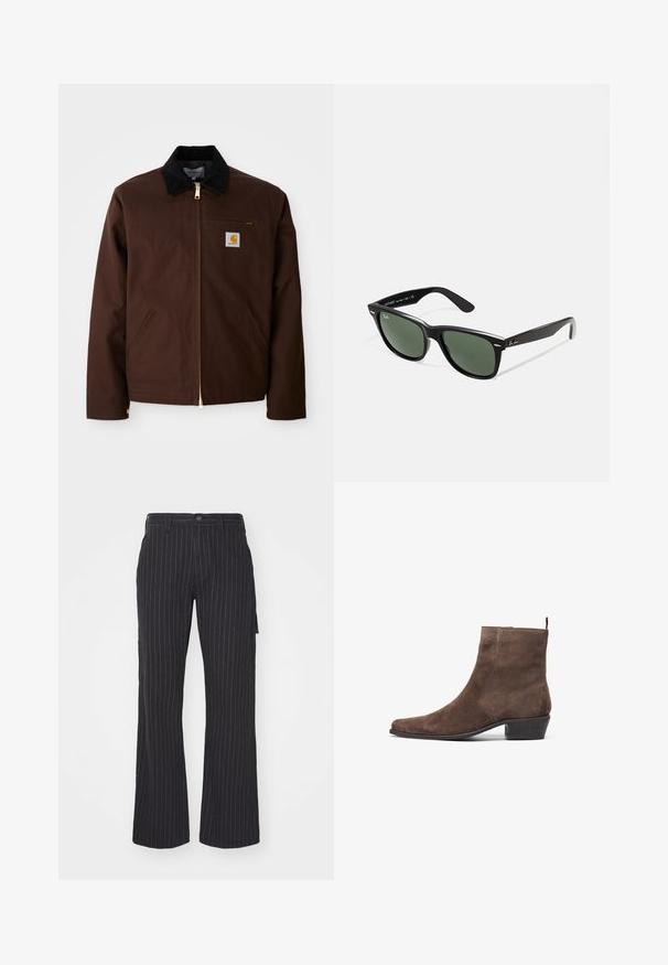Hnědá plátěná bunda s kovovým zipem, kordurovým límcem, kapsou na levé hrudi se štítkem s logem a bočními kapsami se skrytými zipy.; Šedé tričko s krátkým rukávem vyrobené z jemné, lehké látky. Rovný lem, klasický design s kulatým výstřihem a jemná melírovaná textura.; Černé pruhované široké kalhoty s plochým předním dílem, vysokým pasem a bočními kapsami, vyrobené z texturované látky a s kontrastními jemnými pruhy.; Hnědé sukové kotníkové boty s špičatou špičkou, nízkým blokovým podpätkem a poutkem na zadní straně pro snadné obouvání. Hladká textura a jednoduchý design.; Černé plastové sluneční brýle se zelenými skly, čtvercové obroučky, stříbrný detail na obočí a texturované stranice. Značka uvedená na vnitřní straně stranic.