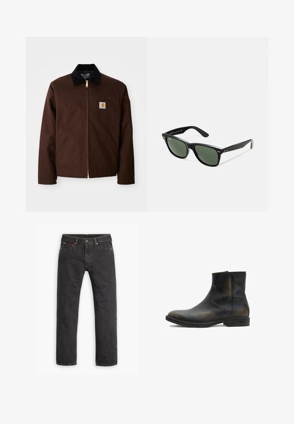 Ruskea kanvaajtakki, jossa on kultainen vetoketju, corduroy-pellavakaulus, vasemman rinnan tasku logopatchilla ja sivutaskut, joissa on piilotetut vetoketjut.; Pitkähihainen, ribbineulepusero tummanvihreänä, jossa on pyöreä pääntie ja suora helma. Valmistettu pehmeästä kankaasta, jossa on minimaalinen saumaus ja ei näkyviä kuvioita.; Mustat suorat farkut viidellä taskulla, napilla suljettavia ja kupaririveillä, asetettuna tasaisesti valkoista taustaa vasten.; AllSaints LANG - Klassiset nilkkurit - brown; Mustat muoviset aurinkolasit, joissa on vihreät linssit, neliönmuotoiset kehykset, hopeinen yksityiskohta kulmakarvojen kohdalla sekä tekstuuriset temppeleiden varret. Brändi ilmoitettu sisävarsissa.