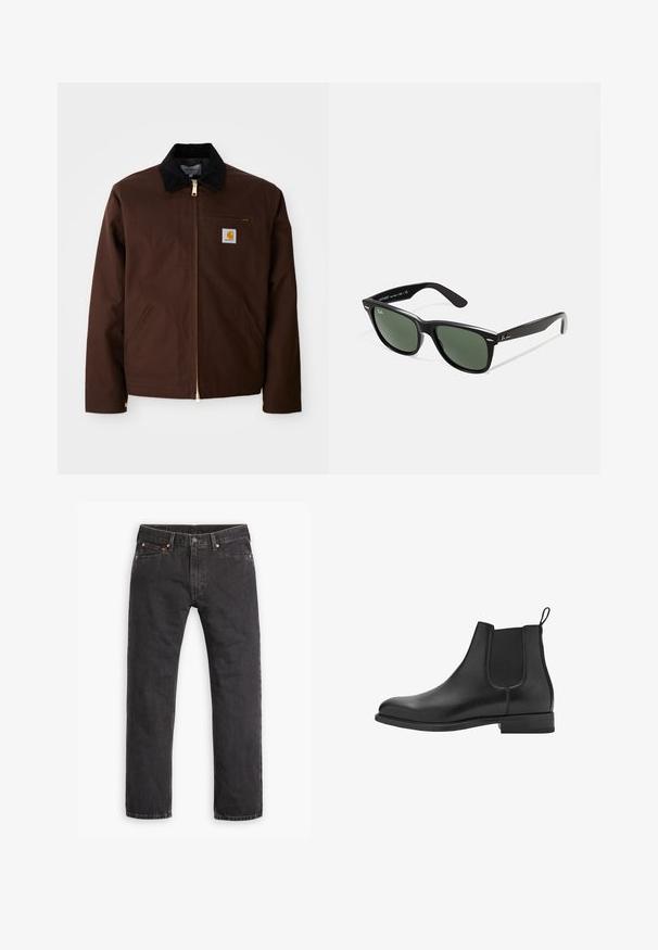 Veste en toile marron avec une fermeture éclair dorée, un col en velours côtelé, une poche sur la poitrine gauche avec un patch logo et des poches latérales avec des fermetures éclair cachées.; Haut à manches longues et à côtes, de couleur vert foncé, avec un col rond et un ourlet droit. Fabriqué en tissu doux, avec des coutures minimales et sans motifs visibles.; Jeans en denim noirs à jambes droites avec cinq poches, fermeture à bouton et rivets cuivrés, posés à plat sur un fond blanc.; Bottes Chelsea en cuir noir avec panneaux élastiques sur les côtés, bout arrondi et petit talon carré. Texture lisse et design épuré et minimaliste.; Lunettes de soleil en plastique noir avec verres verts, monture carrée, accent argenté sur le sourcil et branches texturées. Marque indiquée sur l'intérieur de la branche.