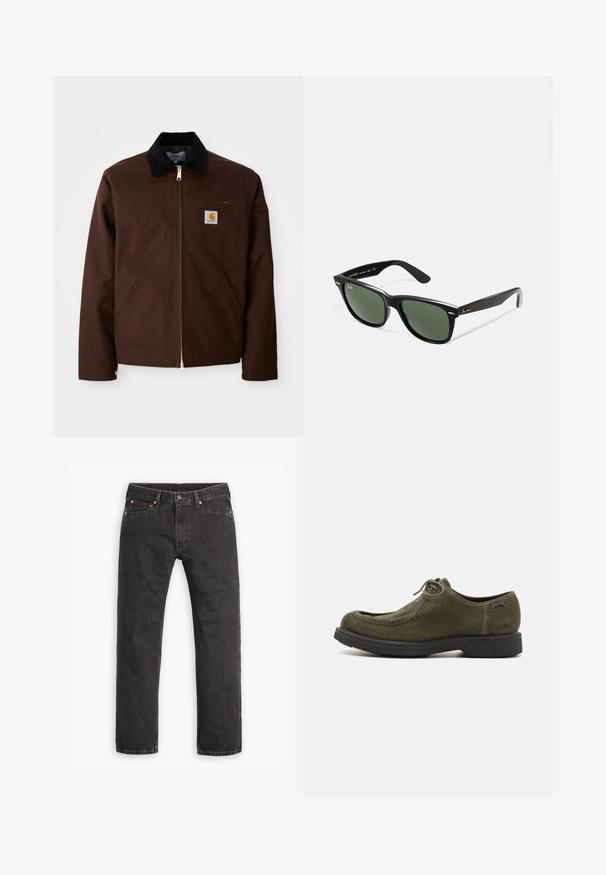 Brązowa kurtka z płótna z złotym zamkiem błyskawicznym, kołnierzem z sztruksu, lewą kieszenią na klatkę piersiową z naszywką logo oraz bocznymi kieszeniami z ukrytymi zamkami.; Długi rękaw, ribbed top w ciemnozielonym kolorze, z okrągłym dekoltem i prostym dołem. Wykonany z miękkiego materiału, z minimalną ilością szwów i bez widocznych wzorów.; Czarne dżinsy typu straight-leg z pięcioma kieszeniami, zapięciem na guzik i miedzianymi nitami, ułożone na płasko na białym tle.; Ciemnozielone zamszowe buty o gładkiej powierzchni, z okrągłym noskiem, przeszyciami oraz czarną gumową podeszwą.; Czarne plastikowe okulary przeciwsłoneczne z zielonymi szkłami, kwadratowe oprawki, srebrny akcent na brwi oraz fakturowane ramiona temple. Nazwa marki podana na wewnętrznej stronie ramion.