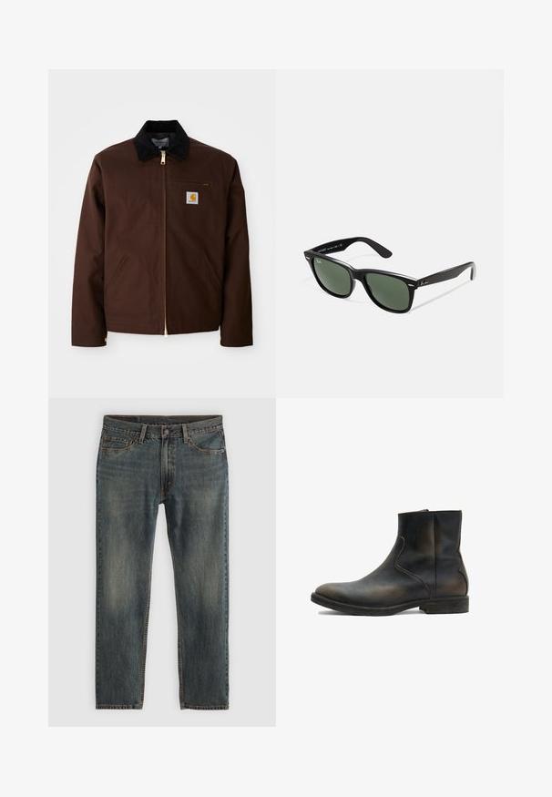 Brun canvasjakke med en gylden lynlås, fløjlskrage, venstre brystlomme med logo-patch og sidelommer med skjulte lynlåse.; Langærmet, ribbet top i mørkegrøn med rund halsudskæring og lige kant. Fremstillet af blødt stof med minimale sømme og ingen synlige mønstre.; Blå denimjeans med lige ben, der har en klassisk fem-lomme stil, syninger som accentuerer designet, og en let falmet overflade.; AllSaints LANG - Støvletter - brown; Sorte plastiksolkaber med grønne linser, firkantede stel, sølvaccent på brynene og teksturerede templede arme. Angivet mærke på den indre arm.