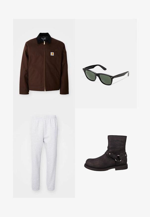 Brązowa kurtka z płótna z złotym zamkiem błyskawicznym, kołnierzem z sztruksu, lewą kieszenią na klatkę piersiową z naszywką logo oraz bocznymi kieszeniami z ukrytymi zamkami.; Długi rękaw, ribbed top w ciemnozielonym kolorze, z okrągłym dekoltem i prostym dołem. Wykonany z miękkiego materiału, z minimalną ilością szwów i bez widocznych wzorów.; Jasnoszare dresy z miękkiej mieszanki bawełny, z elastycznym paskiem w talii i dopasowanymi mankietami przy kostkach. Brak widocznych wzorów lub logo.; Czarne skórzane buty motocyklowe z okrągłym noskiem, o wysokości za kostkę, z widocznym logo. Posiadają pasek z metalowym pierścieniem i srebrnymi akcentami.; Czarne plastikowe okulary przeciwsłoneczne z zielonymi szkłami, kwadratowe oprawki, srebrny akcent na brwi oraz fakturowane ramiona temple. Nazwa marki podana na wewnętrznej stronie ramion.