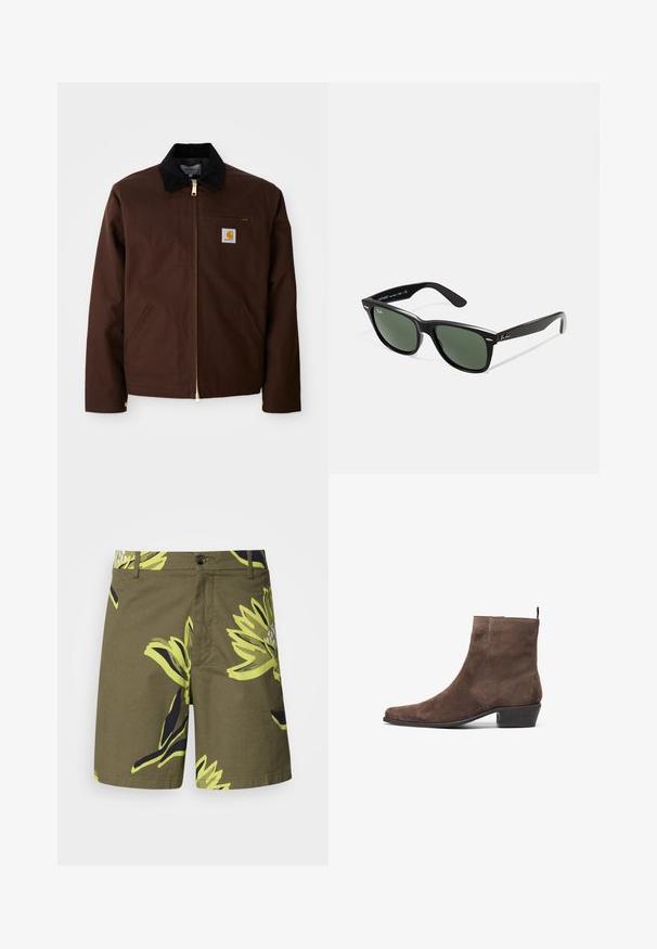 Brown canvas jacket featuring a gold zipper, corduroy collar, left chest pocket with logo patch, and side pockets with concealed zippers.; Long-sleeve, ribbed top in dark green, featuring a crew neckline and straight hem. Made of soft fabric, with minimal seams and no visible patterns.; Olive green shorts featuring a large yellow and navy floral pattern, made of lightweight fabric with a button closure and side pockets.; Brown suede ankle boot with a pointed toe, low block heel, and a pull loop at the back for easy wear. Smooth texture and simple design.; Black plastic sunglasses with green lenses, square frames, silver accent on the brow, and textured temple arms. Stated brand on inner arm.