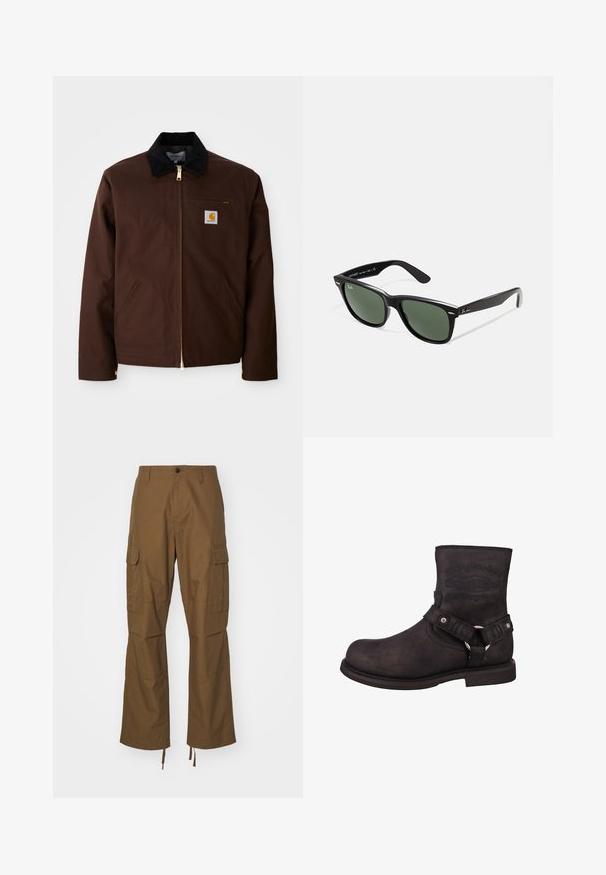 Braune Canvas-Jacke mit goldener Reißverschluss, Cordkragen, linke Brusttasche mit Logo-Patch und seitlichen Taschen mit verdeckten Reißverschlüssen.; Langärmliges, geripptes Oberteil in Dunkelgrün mit Rundhalsausschnitt und geradem Saum. Hergestellt aus weichem Stoff, mit minimalen Nähten und ohne erkennbare Muster.; Braune Cargo-Hosen aus strukturiertem Stoff, mit geradem Bein, seitlichen Taschen und verstellbaren Beinschlaufen.; Schwarzer Leder-Motorradstiefel mit runder Zehenform, Knöchelhöhe und sichtbarem Branding. Verfügt über einen Riemen mit einem Metallring und silbernen Hardware-Akzenten.; Schwarze Plastiksonnenbrille mit grünen Gläsern, quadratischen Rahmen, silbernem Akzent auf der Augenbraue und strukturierten Bügeln. Angegebene Marke auf dem inneren Bügel.