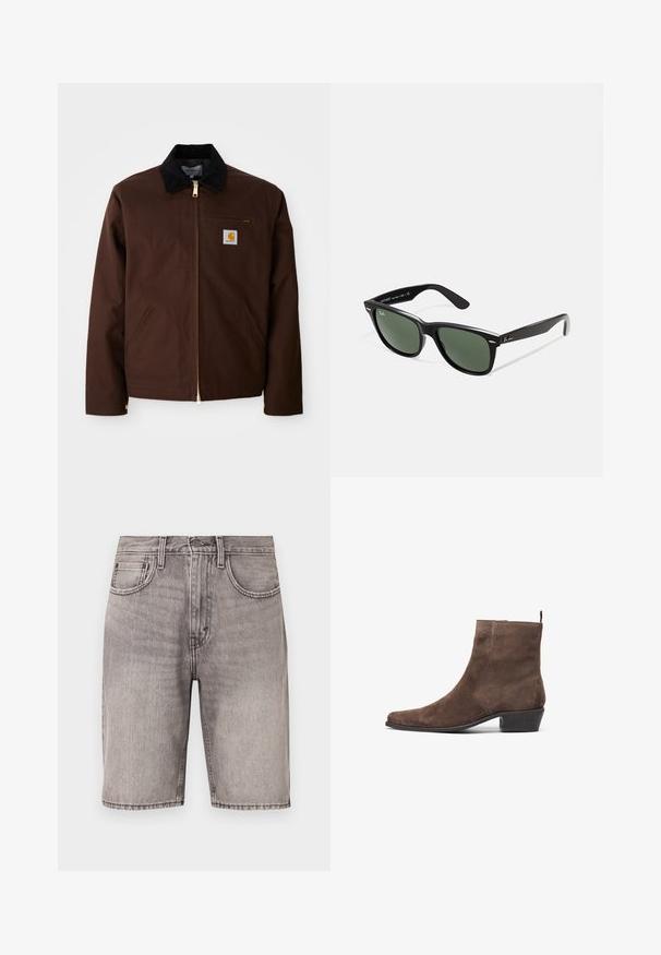 Rjava platnena jakna z zlatim zadrgo, žametnim ovratnikom, levim žepom na prsih s logotipom in stranskima žepoma s skritima zadrgama.; Dolga majica z dolgimi rokavi v temno zeleni barvi, s krojnim izrezom in ravnim robom. Narejena iz mehkega materiala, z minimalnimi šivi in brez vidnih vzorcev.; Sive usnjene kratke hlače z zasnovo petih žepov, gumbom za zapiranje in ravnim krojem. Tkanina ima zbledel videz z diskretnimi šivi.; Rjavi nubuk škornji do gležnjev s koničastim nosom, nizko blok peta in zanko na zadnji strani za lažje obuvanje. Gladka tekstura in preprost dizajn.; Črne plastične sončna očala z zelenimi lečami, kvadratni okvirji, srebrni detajl na obrvi in teksturirani ročaji. Blagovna znamka navedena na notranji strani ročaja.