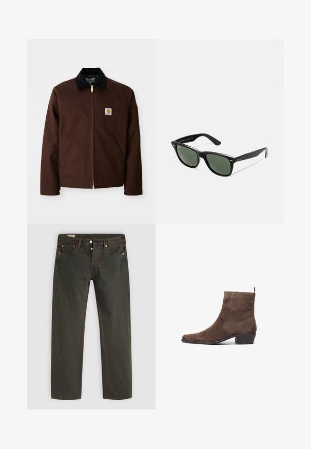 Brown canvas jacket featuring a gold zipper, corduroy collar, left chest pocket with logo patch, and side pockets with concealed zippers.; Long-sleeve, ribbed top in dark green, featuring a crew neckline and straight hem. Made of soft fabric, with minimal seams and no visible patterns.; Dark green jeans made of denim, featuring a straight-leg design, five pockets, copper-tone hardware, and a subtle wash pattern.; Brown suede ankle boot with a pointed toe, low block heel, and a pull loop at the back for easy wear. Smooth texture and simple design.; Black plastic sunglasses with green lenses, square frames, silver accent on the brow, and textured temple arms. Stated brand on inner arm.