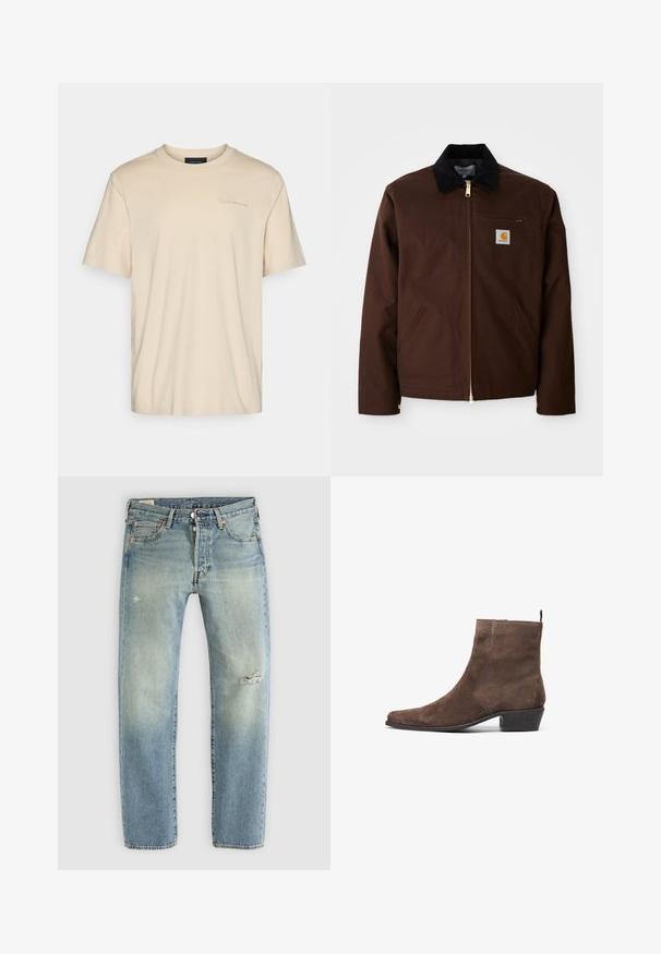 Brun canvasjakke med en gylden lynlås, fløjlskrage, venstre brystlomme med logo-patch og sidelommer med skjulte lynlåse.; Beige bomulds t-shirt med kort ærme og rund halsudskæring. Har et diskret logo broderet på brystet. Blød, glat tekstur.; Lysblå denim jeans med lige ben, fem lommer, knaplukning og små slidte huller på venstre lår og højre knæ.; Brune suede ankelstøvle med spidse tå, lav blok hæl og en løkke bagpå for nem påklædning. Glat tekstur og enkelt design.