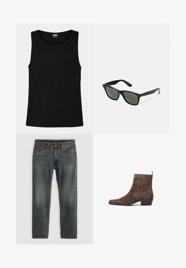 Smeđa platnena jakna s zlatnim patentnim zatvaračem, ovratnikom od kordura, lijevim džepom na prsima s logom, te bočnim džepovima s skrivenim patentnim zatvaračima.; Crni majica bez rukava izrađena od mekanog pamučnog materijala. Ima okrugli izrez i široke rukave, bez vidljivih uzoraka ili detalja.; Plave traperice s ravnim nogavicama, u klasičnom stilu s pet džepova, naglašenim šavovima i blago izblijedjelim završetkom.; Smeđe zimske čizme od suede s izoštrenim vrhom, niskom blok petom i petnim uvučenim dijelom za lakše obuvanje. Glatka tekstura i jednostavan dizajn.; Crne plastične sunčane naočale s zelenim staklima, kvadratni okviri, srebrni naglasak na obrvi i teksturirane ručke. Naziv brenda naveden na unutrašnjoj strani ručke.