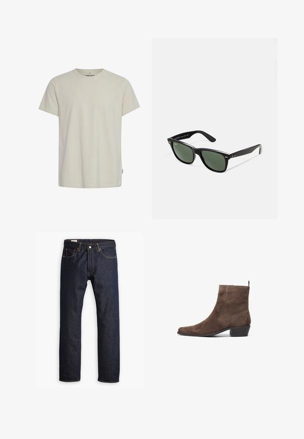 Giacca in tela marrone con zip dorata, colletto in corduroy, tasca sul petto a sinistra con patch del logo e tasche laterali con zip nascoste.; T-shirt in cotone beige chiaro con colletto a girocollo e maniche corte. Presenta un piccolo logo sul petto e un orlo dritto. Texture liscia.; Jeans in denim blu scuro con un design a gamba dritta, cuciture arancioni e stile a cinque tasche con chiusura a bottone metallico.; Stivale alla caviglia in suede marrone con punta affusolata, tacco basso a blocco e un anello sul retro per una facile vestibilità. Texture liscia e design semplice.; Occhiali da sole in plastica nera con lenti verdi, montatura quadrata, dettaglio argento sulla parte superiore e steli con texture. Marchio indicato sulla parte interna dello stelo.