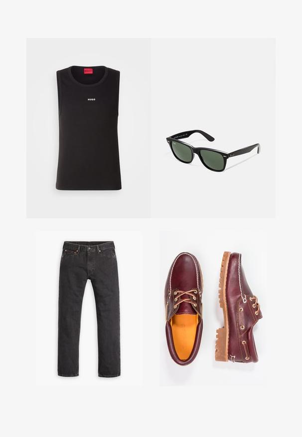 Brązowa kurtka z płótna z złotym zamkiem błyskawicznym, kołnierzem z sztruksu, lewą kieszenią na klatkę piersiową z naszywką logo oraz bocznymi kieszeniami z ukrytymi zamkami.; Czarna bezrękawnikowa koszulka z miękkiej bawełny, z okrągłym dekoltem i białym logo "HUGO" z przodu. Prosty i dopasowany krój.; Czarne dżinsy typu straight-leg z pięcioma kieszeniami, zapięciem na guzik i miedzianymi nitami, ułożone na płasko na białym tle.; Bordowe skórzane buty z brązowymi gumowymi podeszwami, okrągły czubek, białe przeszycia i złote oczka. Wnętrze posiada żółtą podszewkę.; Czarne plastikowe okulary przeciwsłoneczne z zielonymi szkłami, kwadratowe oprawki, srebrny akcent na brwi oraz fakturowane ramiona temple. Nazwa marki podana na wewnętrznej stronie ramion.