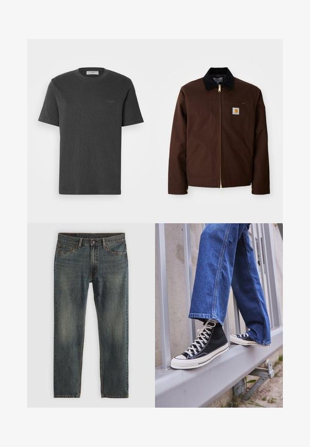 Brown canvas jacket featuring a gold zipper, corduroy collar, left chest pocket with logo patch, and side pockets with concealed zippers.; Dark gray cotton t-shirt with short sleeves and a round neckline. Features a subtle brand logo in the upper left corner. Soft texture.; Blue denim jeans with a straight leg design, featuring a classic five-pocket style, stitching accents, and a slightly faded finish.; Black high-top sneakers with white sole and laces, paired with loose blue denim jeans, resting on a gray railing.