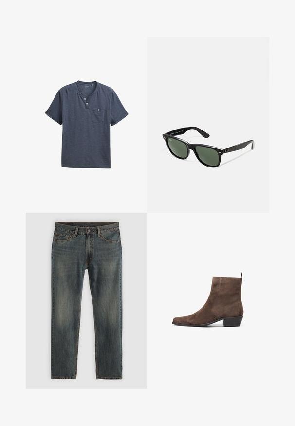 Brūna kanvas jaka ar zelta rāvējslēdzēju, korduroja apkakli, kreisajā krūtī kabatu ar logotipa uzšuvi un sānu kabatām ar slēptiem rāvējslēdzējiem.; Tumši zils īsām piedurknēm henley krekls, kas izgatavots no viegla auduma, ar trīs pogu plāksteri un krūšu kabatu ar svītrainu tekstūru.; Zili džinsi ar taisnu kāju dizainu, izmantojot klasisku piecu kabatu stilu, ar šuvju akcentiem un nedaudz izbalējušu apdari.; Brūns zamšādas potītes zābaks ar vērstām pirkstgalēm, zemu bloku papēdi un cilpu aizmugurē ērtai uzvilkšanai. Gluda tekstūra un vienkāršs dizains.; Melnas plastmasas saulesbrilles ar zaļiem lēciem, kvadrātveida rāmjiem, sudrabainu akcentu uz uzacīm un teksturētām tempļu kājām. Zīmols norādīts uz iekšējās kājas.