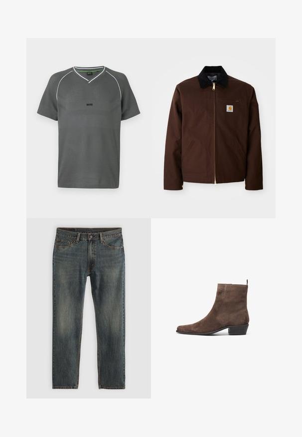 Hnedá plátenná bunda s pozláteným zipsom, kordovým golierom, ľavým prsným vreckom s logom a bočnými vreckami so skrytými zipsami.; Sivý krátky rukáv tričko s výstrihom do V, textúrovaná tkanina a kontrastné biele akcenty. Obsahuje logo na hrudi a priedušný dizajn.; Modré denimové nohavice s rovnými nohavicami, ktoré majú klasický päť vreckový dizajn, ozdobné švy a mierne vybledlý vzhľad.; Hnedé semišové členkové topánky s špicatou špičkou, nízkym blokovým podpätkom a slučkou na zadnej strane pre jednoduché obúvanie. Hladký povrch a jednoduchý dizajn.