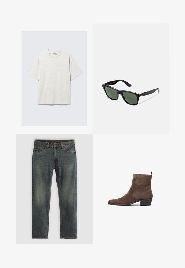 Smeđa platnena jakna s zlatnim patentnim zatvaračem, ovratnikom od kordura, lijevim džepom na prsima s logom, te bočnim džepovima s skrivenim patentnim zatvaračima.; Svijetlosiva majica kratkih rukava izrađena od džersija. Ima okrugli izrez, opušteni kroj i suptilnu teksturu. Etiketa glasi "WEEKDAY."; Plave traperice s ravnim nogavicama, u klasičnom stilu s pet džepova, naglašenim šavovima i blago izblijedjelim završetkom.; Smeđe zimske čizme od suede s izoštrenim vrhom, niskom blok petom i petnim uvučenim dijelom za lakše obuvanje. Glatka tekstura i jednostavan dizajn.; Crne plastične sunčane naočale s zelenim staklima, kvadratni okviri, srebrni naglasak na obrvi i teksturirane ručke. Naziv brenda naveden na unutrašnjoj strani ručke.