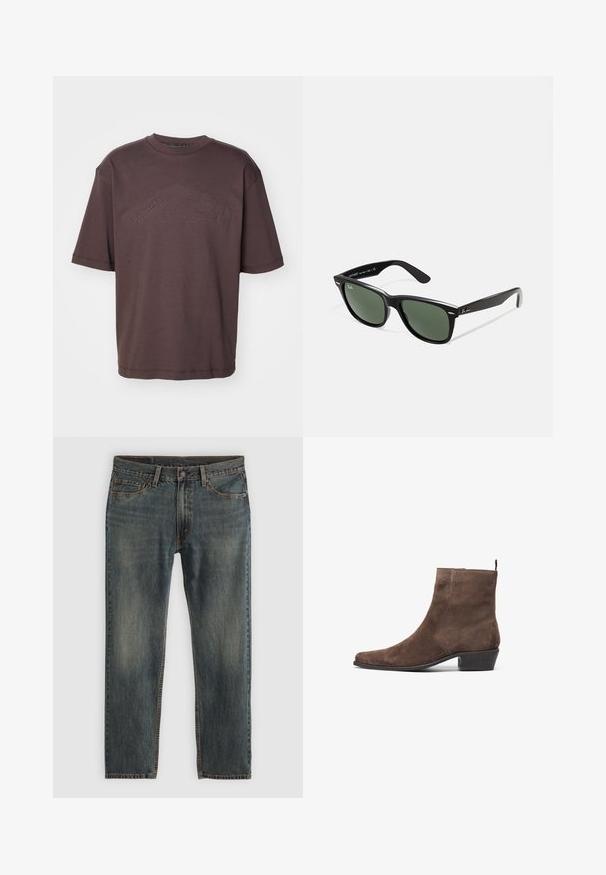 Braune Canvas-Jacke mit goldener Reißverschluss, Cordkragen, linke Brusttasche mit Logo-Patch und seitlichen Taschen mit verdeckten Reißverschlüssen.; Dunkelbraunes Baumwoll-T-Shirt mit Rundhalsausschnitt und kurzen Ärmeln. Prägedruck "DSQUARED2 ICON" Logo auf der Vorderseite. Lockere Passform.; Blaue Denim-Jeans mit einem geraden Bein-Design, das einen klassischen Fünf-Taschen-Stil, Steppnähte und ein leicht verblasstes Finish aufweist.; Braune Wildleder-Stiefelette mit spitzem Kopf, niedrigem Blockabsatz und einer Anziehhilfe an der Rückseite für ein einfaches An- und Ausziehen. Glatte Textur und schlichtes Design.; Schwarze Plastiksonnenbrille mit grünen Gläsern, quadratischen Rahmen, silbernem Akzent auf der Augenbraue und strukturierten Bügeln. Angegebene Marke auf dem inneren Bügel.