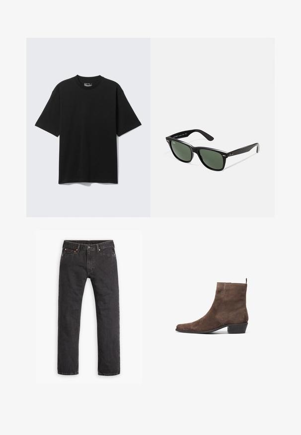 Brun canvasjakke med en gylden lynlås, fløjlskrage, venstre brystlomme med logo-patch og sidelommer med skjulte lynlåse.; Sort bomulds-T-shirt med korte ærmer, rund hals og en afslappet pasform. Stoffet har en glat tekstur uden synlige mønstre eller detaljer.; Sorte straight-leg denim jeans med fem lommer, knaplukning og copper nitter liggende fladt på en hvid baggrund.; Brune suede ankelstøvle med spidse tå, lav blok hæl og en løkke bagpå for nem påklædning. Glat tekstur og enkelt design.; Sorte plastiksolkaber med grønne linser, firkantede stel, sølvaccent på brynene og teksturerede templede arme. Angivet mærke på den indre arm.