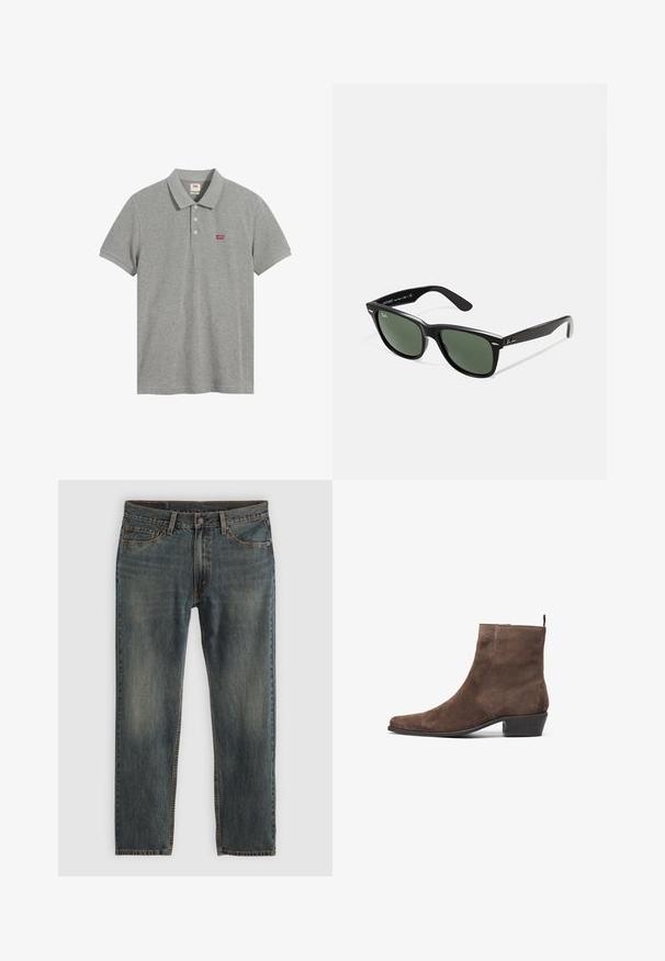 Barna vászon dzseki arany cipzárral, kordbársony gallérral, bal melletti zsebbel márkázott folttal, és rejtett cipzáros oldalzsebekkel.; Szürke galléros póló, pamutból készült, klasszikus nyakkal, három gombbal és piros logóval a bal mellrészen. Rövid ujjú, laza szabású.; Kék farmernadrág egyenes lábdesignnal, klasszikus öt zsebes stílussal, varrási részletekkel és enyhén kopott felülettel.; Barna velúr bokacsizma hegyes orral, alacsony blokk sarkal és háttal ellátott húzófüllel a könnyű felvétel érdekében. Sima textúrával és egyszerű dizájnnal rendelkezik.; Fekete műanyag napszemüveg zöld lencsékkel, négyzet alakú kerettel, ezüst díszítéssel a keret felső részén, valamint texturált szárakkal. A márka neve a belső száron található.