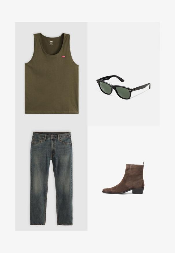 Casaco de lona castanho com um zíper dourado, colarinho de corduroy, bolso no lado esquerdo do peito com um patch de logo, e bolsos laterais com zíperes ocultos.; Camisola de alças verde-oliva feita de tecido macio, com decote redondo e um pequeno logótipo vermelho no lado superior esquerdo. Design simples, sem padrões ou detalhes.; Jeans de ganga azul com um design de perna reta, apresentando um estilo clássico de cinco bolsos, detalhes em costura e um acabamento ligeiramente desbotado.; Botim de tornozelo em camurça castanha com bico pontiagudo, salto baixo em bloco e uma alça na parte de trás para facilitar o calçar. Textura suave e design simples.; Óculos de sol de plástico preto com lentes verdes, armações quadradas, detalhe prateado na sobrancelha e hastes texturizadas. Marca indicada na parte interna da haste.