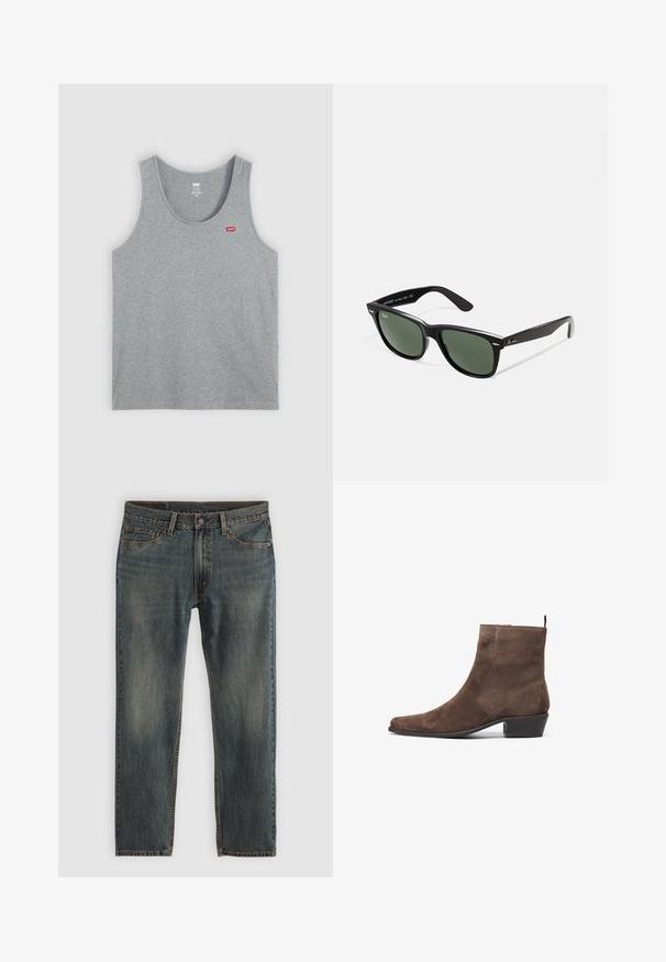 Casaco de lona castanho com um zíper dourado, colarinho de corduroy, bolso no lado esquerdo do peito com um patch de logo, e bolsos laterais com zíperes ocultos.; Camisola de algodão cinza, sem mangas, com decote redondo e cavas largas. Apresenta um pequeno logótipo vermelho da Levi's no lado superior esquerdo.; Jeans de ganga azul com um design de perna reta, apresentando um estilo clássico de cinco bolsos, detalhes em costura e um acabamento ligeiramente desbotado.; Botim de tornozelo em camurça castanha com bico pontiagudo, salto baixo em bloco e uma alça na parte de trás para facilitar o calçar. Textura suave e design simples.; Óculos de sol de plástico preto com lentes verdes, armações quadradas, detalhe prateado na sobrancelha e hastes texturizadas. Marca indicada na parte interna da haste.