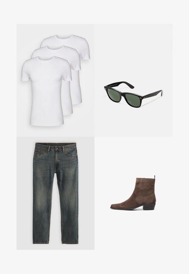 Brun kanvasjacka med en guldfärgad dragkedja, kordflöjtskrage, vänster bröstficka med logotypmärke och sidofickor med dolda dragkedjor.; Tre vita bomullströjor med korta ärmar och rundad halsringning, slät textur och utan mönster eller grafik.; Blå denim jeans med en rak bendesign, som har en klassisk femfickestil, stygnaccent och en något urtvättad finish.; Brun mockask stövel med spetsig tå, låg klack och en dragloop baktill för enkel påtagning. Slät textur och enkel design.; Svarta plastsolglasögon med gröna linser, fyrkantiga bågar, silverdetalj på ögonbrynet och texturerade skalmar. Angiven märkning på den inre skalmen.