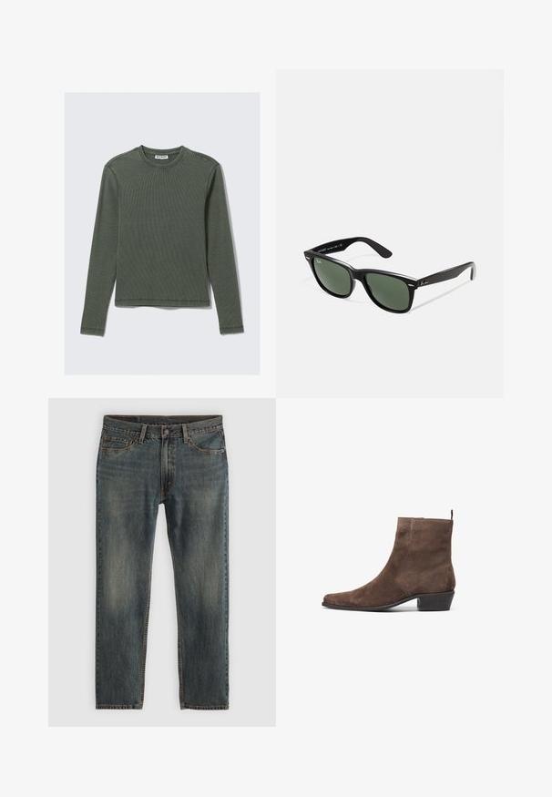 Hnedá plátenná bunda s pozláteným zipsom, kordovým golierom, ľavým prsným vreckom s logom a bočnými vreckami so skrytými zipsami.; Dlhý rukáv, rebrovaný top v tmavozelenej farbe, s okrúhlym výstrihom a rovnou lemom. Vyrobený z mäkkej tkaniny, s minimálnymi švami a bez viditeľných vzorov.; Modré denimové nohavice s rovnými nohavicami, ktoré majú klasický päť vreckový dizajn, ozdobné švy a mierne vybledlý vzhľad.; Hnedé semišové členkové topánky s špicatou špičkou, nízkym blokovým podpätkom a slučkou na zadnej strane pre jednoduché obúvanie. Hladký povrch a jednoduchý dizajn.; Čierne plastové slnečné okuliare so zelenými šošovkami, štvorcové rámy, strieborný akcent na obočí a textúrované ramenné opierky. Brand uvedený na vnútornej strane ramien.