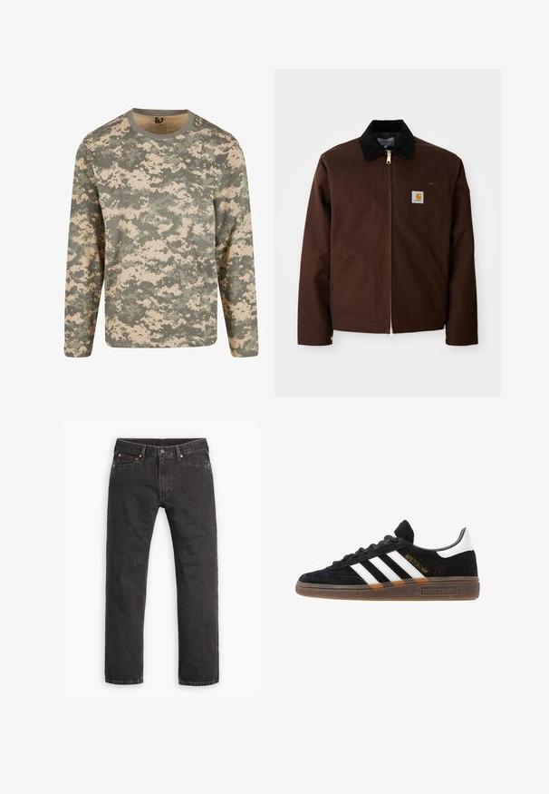Pruunist kangast jakk, millel on kuldne tõmblukk, volditud krae, vasakul rinnaku taskus logo kleebis ning küljetaskud peidetud tõmblukkudega.; Pikad varrukad särk digitaalses kamuflaažimustris, mis sisaldab rohelise ja beeži toone, ümmarguse kaelusega ja pehme tekstuuriga.; Mustad sirgedega teksased viie tasku, nööbiga kinnitamine ja vasknupud, laotatud tasasele valgele taustale.; Mustad must Adidas'i sneaker valgete triipudega, kuldse "Spezial" tekstiga, kummi tallaga ja valge kontsaga, kujutatud külgvaates.