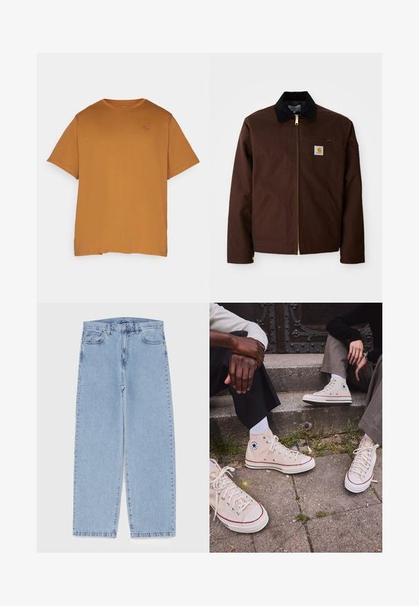 Brun kanvasjakke med gullglidelås, kordfløyelskrage, venstre brystlomme med logo-patch, og sidelommer med skjulte glidelåser.; Levi's® Plus BIG ORIGINAL TEE - T-shirts - dark ginger; Lyseblå denimjeans med rett ben-design, med mid-rise liv, fem lommer og knap og lynlås lukning.; Beige høye duk-sneakers med rød stripe, hvit gummiksole og metalløyer, med ikonisk stjerne logo på siden.