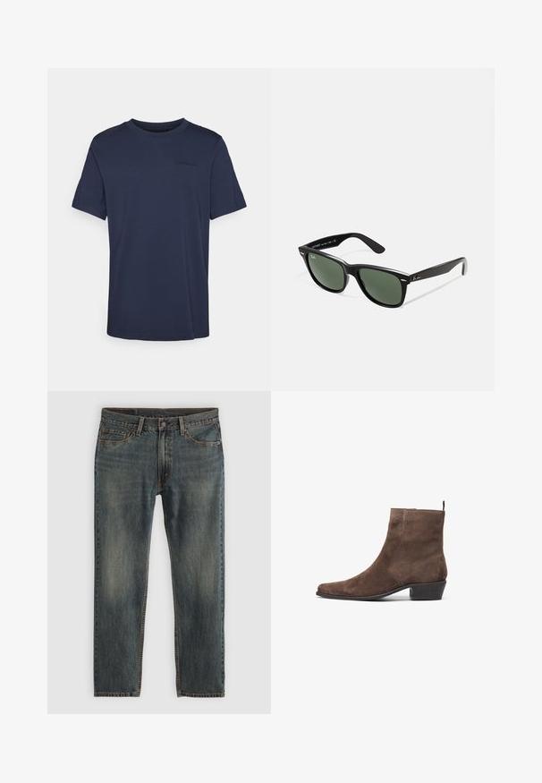 Hnedá plátenná bunda s pozláteným zipsom, kordovým golierom, ľavým prsným vreckom s logom a bočnými vreckami so skrytými zipsami.; Námornícko modré bavlnené tričko s krátkym rukávom a okrúhlym výstrihom, s jemne reliéfnou logom na hrudníku a rovnom lemovaním.; Modré denimové nohavice s rovnými nohavicami, ktoré majú klasický päť vreckový dizajn, ozdobné švy a mierne vybledlý vzhľad.; Hnedé semišové členkové topánky s špicatou špičkou, nízkym blokovým podpätkom a slučkou na zadnej strane pre jednoduché obúvanie. Hladký povrch a jednoduchý dizajn.; Čierne plastové slnečné okuliare so zelenými šošovkami, štvorcové rámy, strieborný akcent na obočí a textúrované ramenné opierky. Brand uvedený na vnútornej strane ramien.