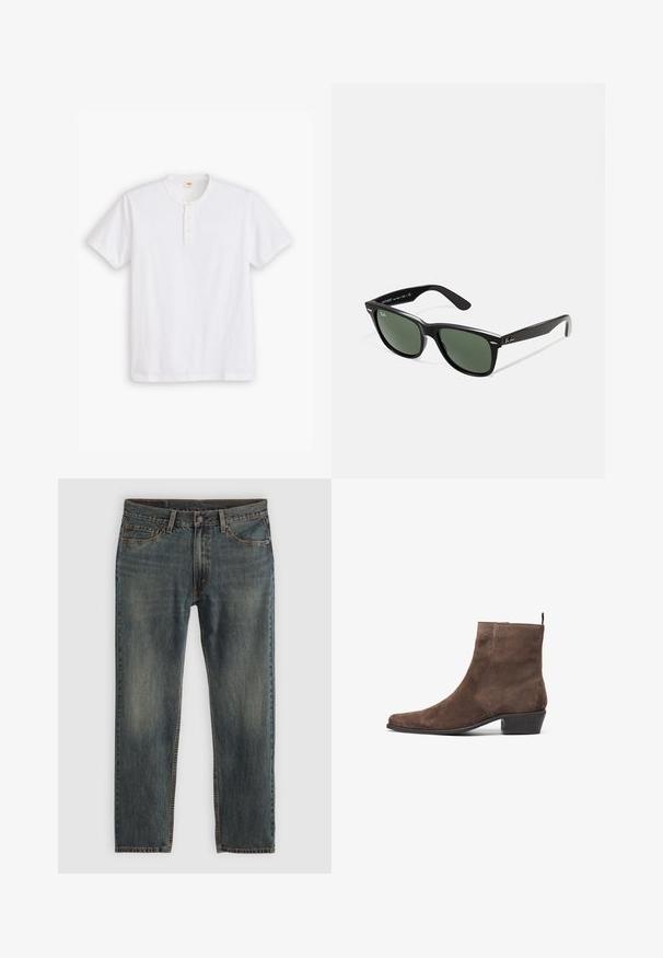 Hnědá plátěná bunda s kovovým zipem, kordurovým límcem, kapsou na levé hrudi se štítkem s logem a bočními kapsami se skrytými zipy.; Bílá krátkosrstá polo košile z bavlny s kulatým výstřihem, třemi knoflíky a jemným logem na hrudi.; Modré džíny z denimové látky se střihovým návrhem rovného nohavice, v klasickém pětikošilkovém stylu, s akcenty prošití a mírně vybledlým povrchem.; Hnědé sukové kotníkové boty s špičatou špičkou, nízkým blokovým podpätkem a poutkem na zadní straně pro snadné obouvání. Hladká textura a jednoduchý design.; Černé plastové sluneční brýle se zelenými skly, čtvercové obroučky, stříbrný detail na obočí a texturované stranice. Značka uvedená na vnitřní straně stranic.