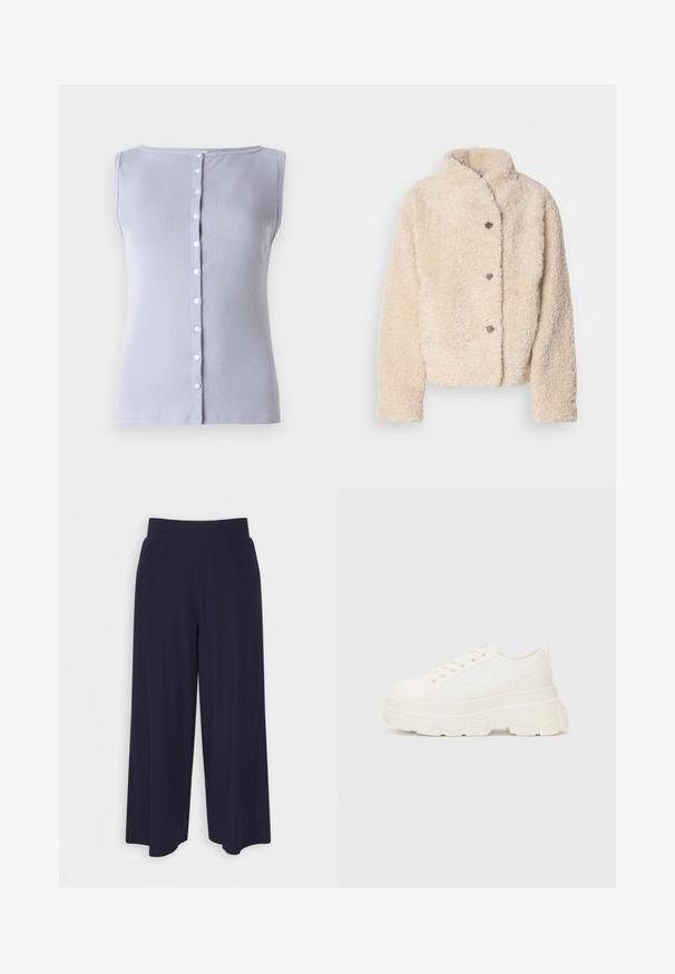 Casaco de fleece bege, peludo, com gola alta, cinco botões e um design ligeiramente cortado. Tecido suave e texturado com uma aparência aconchegante.; Top sem mangas de cor lilás claro, com decote redondo e uma frente abotoada, apresentando sete pequenos botões brancos.; Calças largas em tecido azul-marinho escuro com uma textura ribada. Apresenta uma cintura suave e uma silhueta fluida, atingindo o comprimento até metade da panturrilha.; Sapatilhas brancas em lona com sola espessa, biqueira arredondada e cinco ilhós para atacadores. Laço traseiro para calçar facilmente. Textura suave, design minimalista.