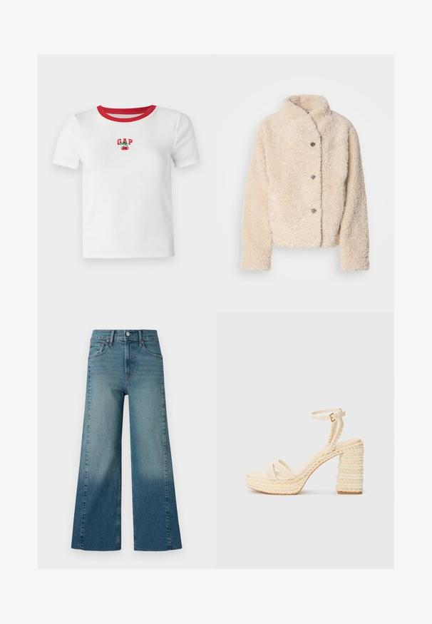 Bežová, plyšová fleecová bunda s vysokým golierom, piatimi gombíkmi a mierne skráteným dizajnom. Mäkka, štruktúrovaná tkanina s útulným vzhľadom.; Biely tričko s krátkymi rukávmi a červeným rebrovaným golierom, na prednej strane s vyšitým textom "GAP" a dizajnom čerešne. Vyrobené z rebrovanej tkaniny.; Džínsy s širokými nohavicami v stredne modrej farbe, s gradientným efektom od tmavej po svetlú. Vyrobené z denimu s tradičným dizajnom piatich vreciek.; Bežové sandále na podpätku s pletenou jútovou platformou a podpätkom, vybavené tenkým popruhom vo výške členku a hladkou stielkou.