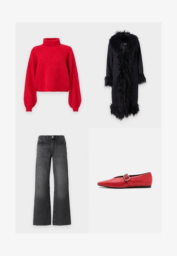 ONLY ONLVIENNA SUEDE COAT - Klassikaline mantel - black; Punane, ribaga kootud sviiter kõrge kaelusega, ülepingutatud varrukate ja lühendatud äärisega. Valmistatud pehmest lõngast, millel on tekstureeritud pind.; Laial jalgevahega teksad tumedast hallist denimist. Omavad viit taskut, nööbi sulgemist ja kangal peent kulumist. Klassikaline õmbluste aktsent.; Punane nahast lameda tallaga king, millel on terav nina, külje peal rihm metallklambriga ja madal must konts. Ühtlane sile tekstuur.