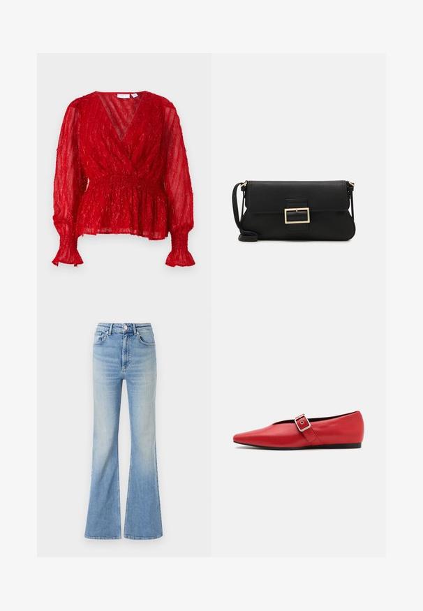 ONLY ONLVIENNA SUEDE COAT - Klasisks mētelis - black; Sarkans, caurspīdīgs blūze ar teksturētu, krokotu audumu. Piedurknes ir garas ar smalcinātām aprocēm un V veida kaklu, ar savilkti viduklī.; Gai zili flared džinsi, kas izgatavoti no denima, ar augstu jostasvietu, piecu kabatu dizainu un maigu gradientu izbalēšanu uz apakšmalas.; Sarkanais ādas plakanās kurpes ar smailu purngalu, ar sānu siksnu un metāla sprādzi, kā arī zemu melnu papēdi. Visa virsma ir gluda.; Melnas ādas saķeres soma ar atloku un zelta metāla sprādzi. Ietver melnu siksnu un elegantu, minimālistisku dizainu.; Zelta krāsas auskari gredzena formā, plāni un apaļi, ar gludu metāla apdari un bez rotājumiem vai zīmējumiem.