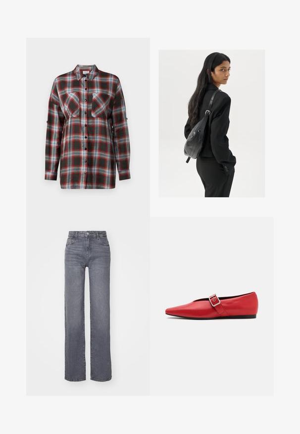 ONLY ONLVIENNA SUEDE COAT - Cappotto classico - black; Camicia a maniche lunghe a scacchi caratterizzata da una combinazione di colori verde scuro, rosso, blu e bianco, con due tasche sul petto e chiusura frontale con bottoni.; Jeans grigi ampi realizzati in denim con una finitura liscia, dotati di chiusura con bottone e zip, e cinque tasche.; Scarpa piatta in pelle rossa con punta affusolata, dotata di un cinturino laterale con fibbia in metallo e un tacco basso nero. Texture liscia su tutta la superficie.; Donna con lunghi capelli scuri, vestita con un completo nero, che porta una borsa a tracolla in pelle nera, mentre guarda oltre la spalla su uno sfondo bianco.