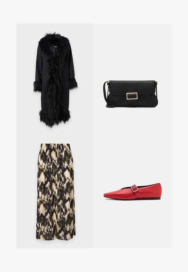 ONLY ONLVIENNA SUEDE COAT - Klassischer Mantel - black; Weißes ärmelloses Tanktop aus geripptem Stoff, mit rundem Ausschnitt und figurbetonter Silhouette, minimalen Nähten und ohne Verzierungen.; Midikleid mit einem abstrakten Muster in Schwarz, Creme und Grün. Verfügt über einen gerafften Bund und einen Knopfverschluss vorne. Angenehme, glatte Textur.; Rote Leder-Ballerina mit einer spitzen Zehe, ausgestattet mit einem Seitenriemen mit einer Metallschnalle und einem niedrigen schwarzen Absatz. Glatte Textur über die gesamte Fläche.; Schwarze Leder-Clutch mit Klappe und goldfarbenem Metallschnallen-Detail. Enthält einen schwarzen Riemen und ein schlankes, minimalistisches Design.; Silberne Creolen mit gedrehter Gestaltung, ausgestattet mit einer polierten Oberfläche und einer Steckverschluss. Sie haben einen Durchmesser von ca. 3 cm.